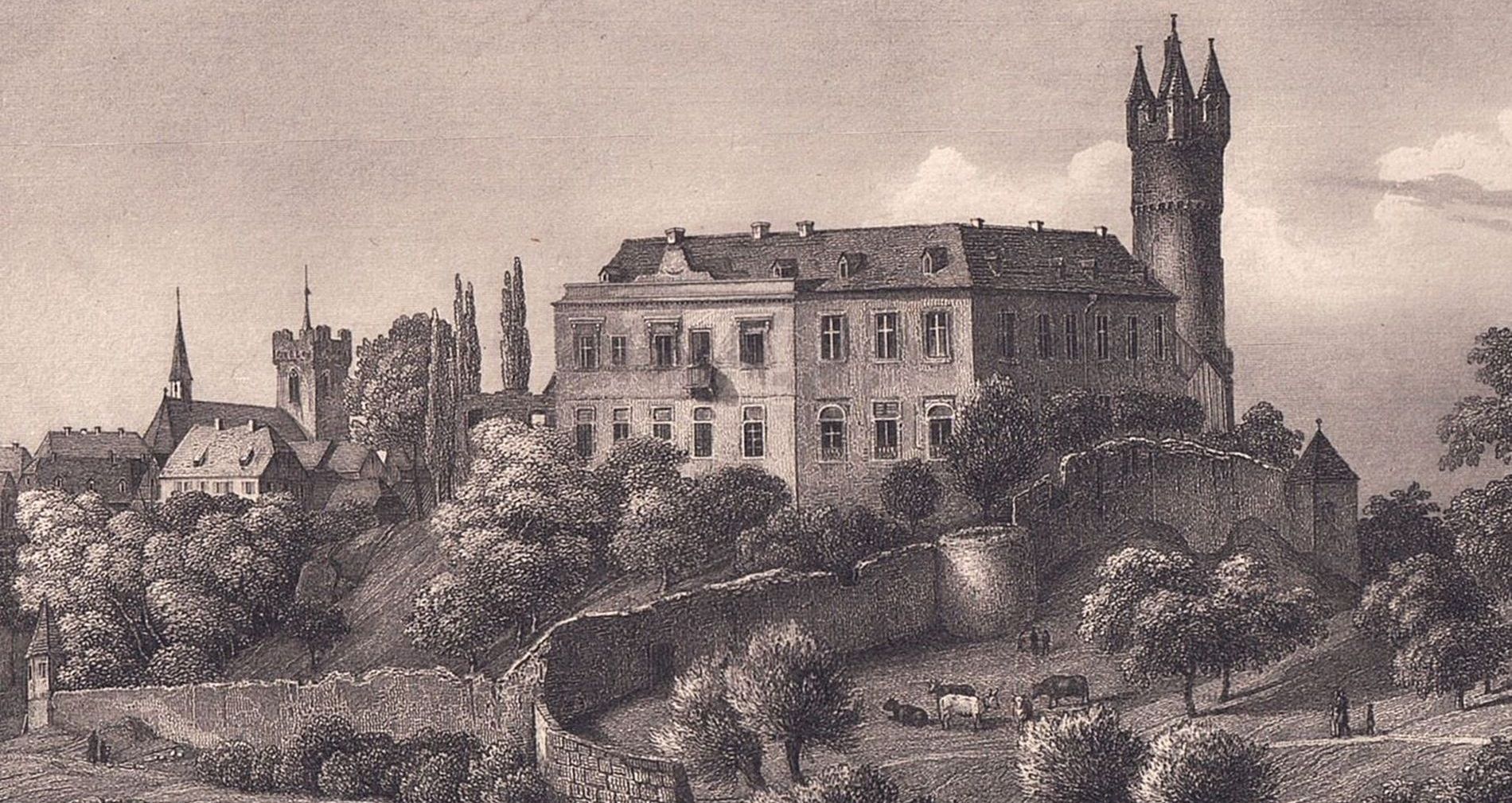 Ansicht von Steinheim, 1847. Gez. v. Fritz Bamberger. Stahlstich v. Carl Mayer´s Kunst-Anstalt. Foto: Kai Jakob